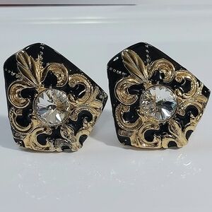 Vintage 80s Black and Gold Clip On Earrings Rhinestone Accent